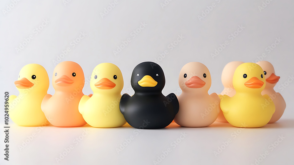 Studio shot of yellow rubber ducks surrounding a single black duck in the center, set against a gradient background from white to grey, symbolizing uniqueness.
Studio shot of yellow rubber ducks surrounding a single black duck in the center, set against a gradient background from white to grey, symbolizing uniqueness.