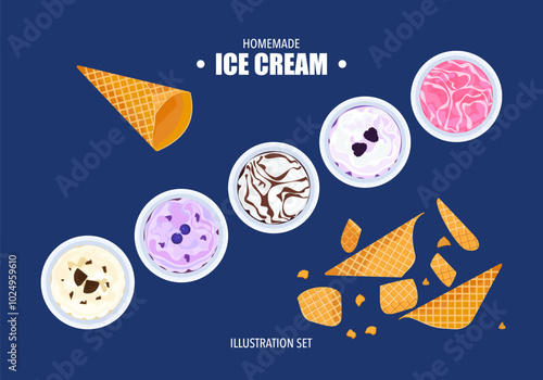 Vector illustration set of gelato ice cream Ice cream set Several balls in a cup. Waffle cones are isolated on the background Top view. Copy space. Assorted frozen yogurt or ice cream balls  Healthy. 