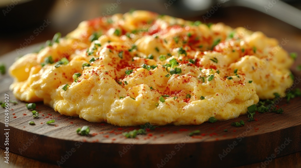 Creamy scrambled eggs garnished with herbs and spices. Creamy scrambled eggs garnished with herbs and spices.