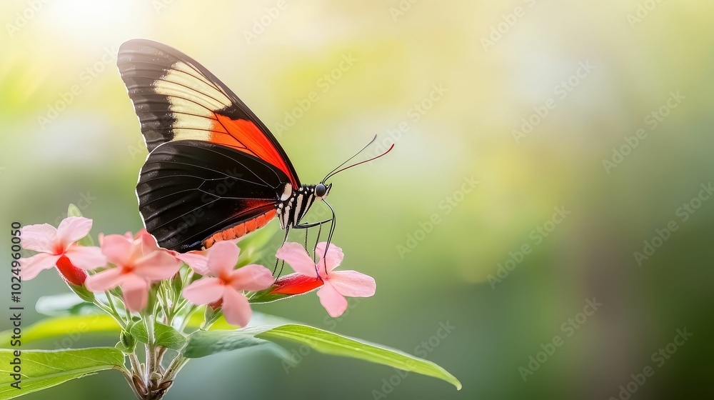 Fototapeta premium Butterfly perched on a flower, its colorful wings spread wide in the sunlight