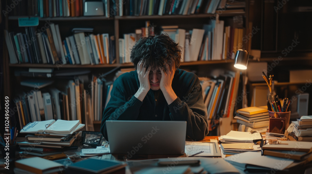 A young man sitting at a cluttered desk, surrounded by books and a laptop, his face in his hands, showing signs of stress and fatigue from work or studies A young man sitting at a cluttered desk, surrounded by books and a laptop, his face in his hands, showing signs of stress and fatigue from work or studies