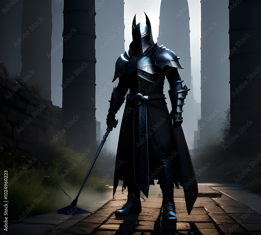 Obraz premium Knight warrior in steel armor middle ages dark staging.generative ai