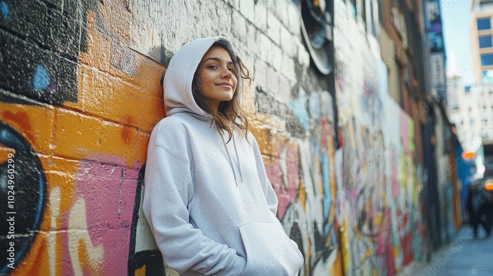 A young woman in a plain hoodie leans against a graffiti-covered wall, her hair loosely tied back, with a confident smile as she enjoys a moment of leisure in the bustling city A young woman in a plain hoodie leans against a graffiti-covered wall, her hair loosely tied back, with a confident smile as she enjoys a moment of leisure in the bustling city