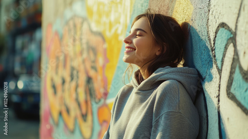 A young woman in a plain hoodie leans against a graffiti-covered wall, her hair loosely tied back, with a confident smile as she enjoys a moment of leisure in the bustling city