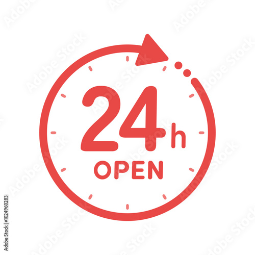 24h OPEN の文字と回転する矢印が付いた時計のアイコン - シンプルな24時間営業のサインデザインの素材