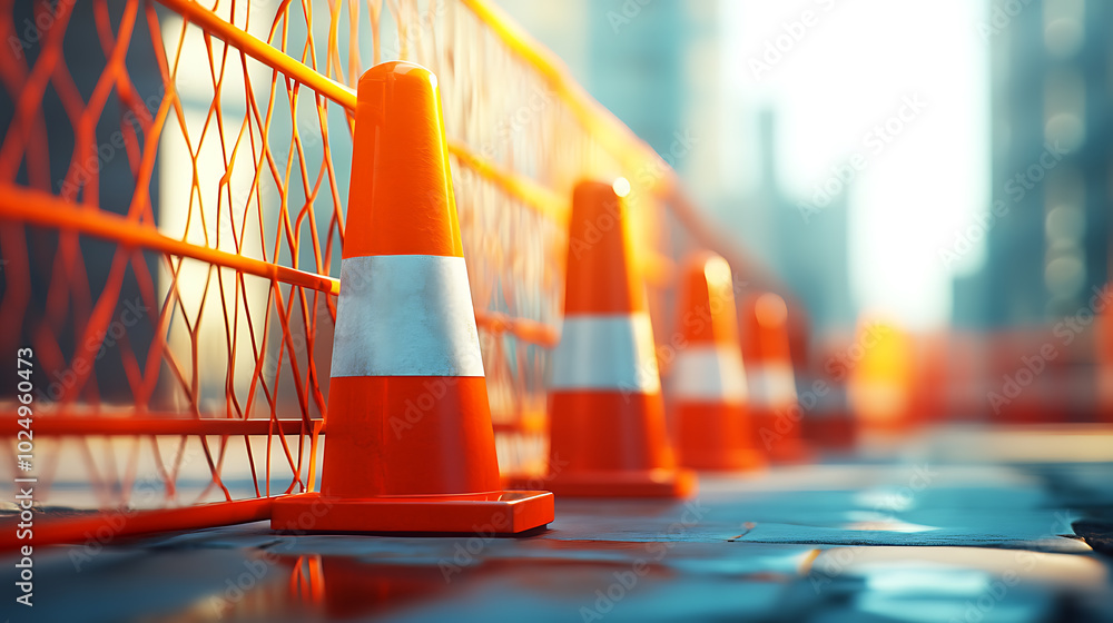 A row of traffic cones line a sidewalk, creating a barrier in front of a construction zone.