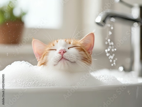 Cat being bathed with soft bubbles in a sink, grooming, cleanliness,