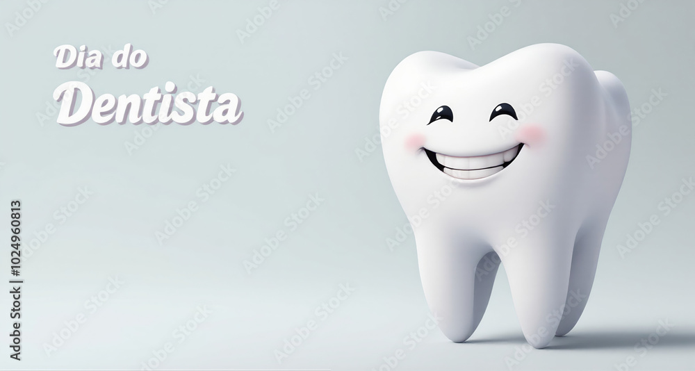 Esta imagem apresenta um dente sorridente em estilo cartoon com bochechas rosadas, ao lado do texto Esta imagem apresenta um dente sorridente em estilo cartoon com bochechas rosadas, ao lado do texto