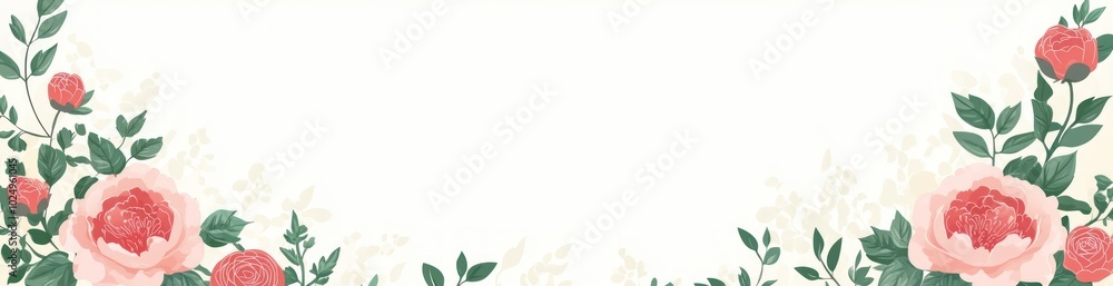 Obraz premium A decorative floral border featuring soft pink roses and green leaves on a light background.