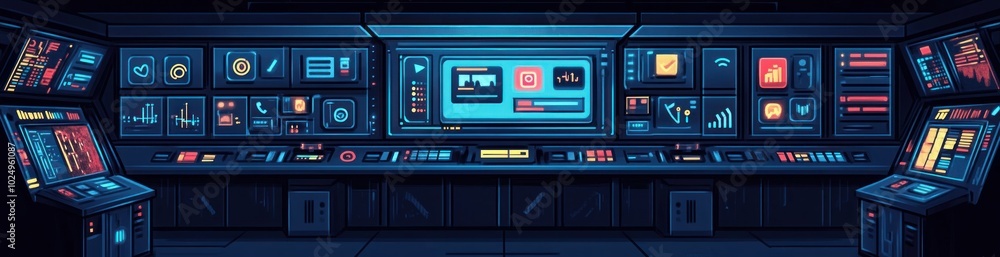 Futuristic control room with screens and panels for monitoring and data analysis. Futuristic control room with screens and panels for monitoring and data analysis.