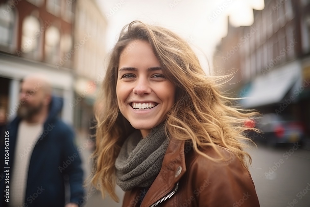 Portrait of a smiling young woman with long hair in the city Portrait of a smiling young woman with long hair in the city