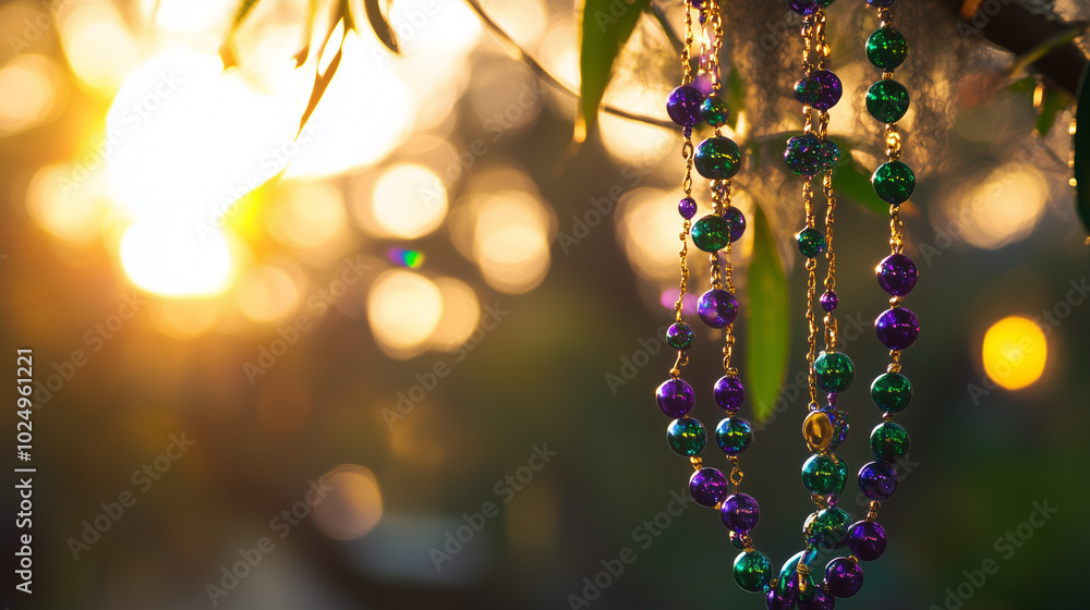 A close-up of a green and purple beads necklace hanging from a tree during a Mardi Gras celebration, with sunlight glinting off the beaded, festive and magical atmosphere A close-up of a green and purple beads necklace hanging from a tree during a Mardi Gras celebration, with sunlight glinting off the beaded, festive and magical atmosphere