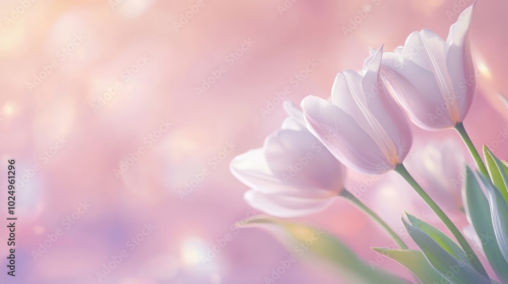 Fototapeta premium A soft-focus image of delicate pink tulips against a dreamy pastel background.