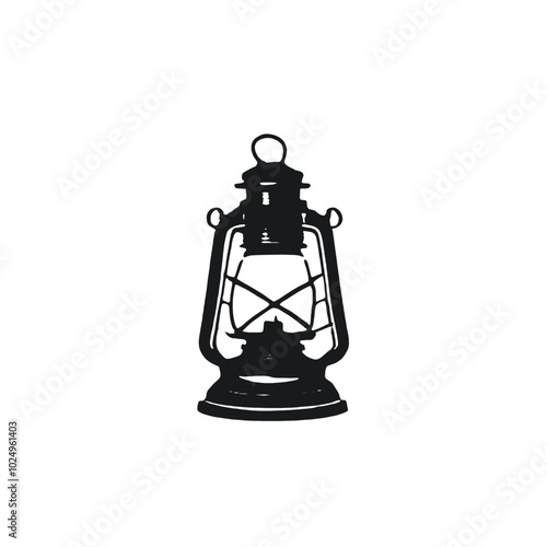 An old-fashioned black and white oil lamp with a glass shade and a metal frame 