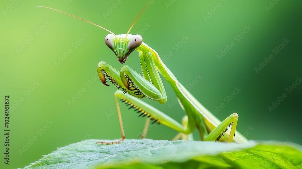 Close-up of a praying mantis poised on a leaf, its sharp eyes focused and forelegs raised Close-up of a praying mantis poised on a leaf, its sharp eyes focused and forelegs raised