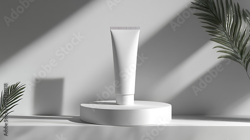 A white tube of lotion sits on a white platform, framed by leaves and bathed in soft light.