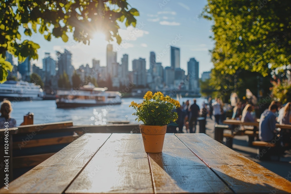 Obraz premium Scenic View from Rustic Wooden Table by the Water