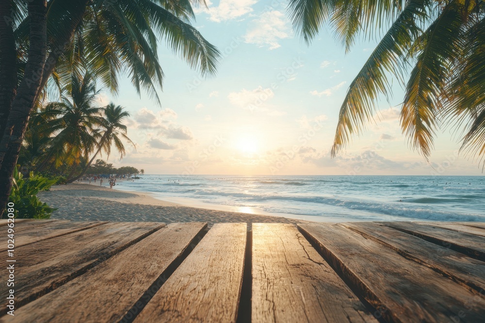 Rustic Wooden Table Against Vibrant Beach Sunset Rustic Wooden Table Against Vibrant Beach Sunset