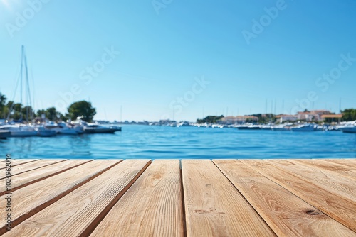 A polished wooden table offers a serene view of a tranquil harbor with boats bobbing gently in the blue water under a clear sky