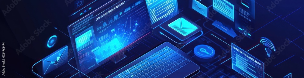 A digital workspace featuring screens and data visualizations in a blue-toned design. A digital workspace featuring screens and data visualizations in a blue-toned design.