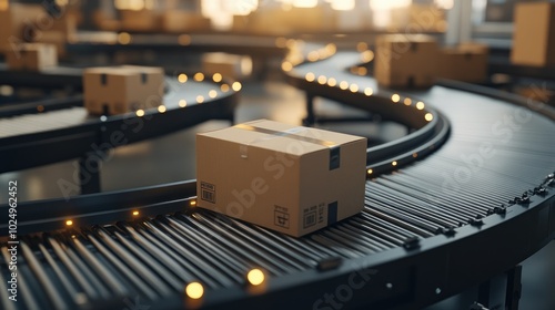 A conveyor belt transporting cardboard boxes in a warehouse setting.