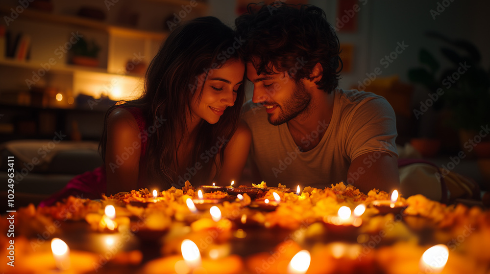Happy Indian couple celebrating Diwali together at home, festive atmosphere, with rangoli and lit diya lamps Happy Indian couple celebrating Diwali together at home, festive atmosphere, with rangoli and lit diya lamps