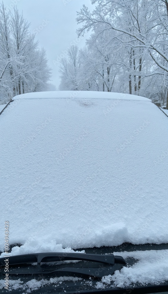 Snow-Covered Car Windshield in Winter Weather Snow-Covered Car Windshield in Winter Weather