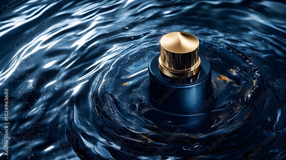 Blue glass bottle of perfume or cosmetic product with a gold head immersed in a blue and white water whirlpool Blue glass bottle of perfume or cosmetic product with a gold head immersed in a blue and white water whirlpool