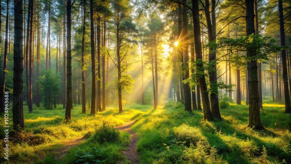 Fototapeta premium Summer forest in the afternoon with silhouette textures