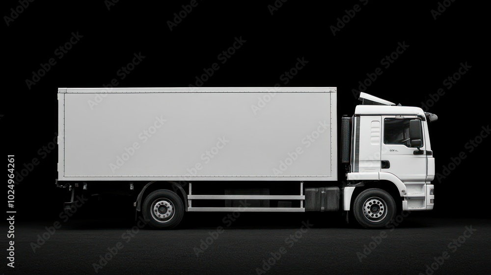 A side view of a blank white delivery truck on a dark background. A side view of a blank white delivery truck on a dark background.