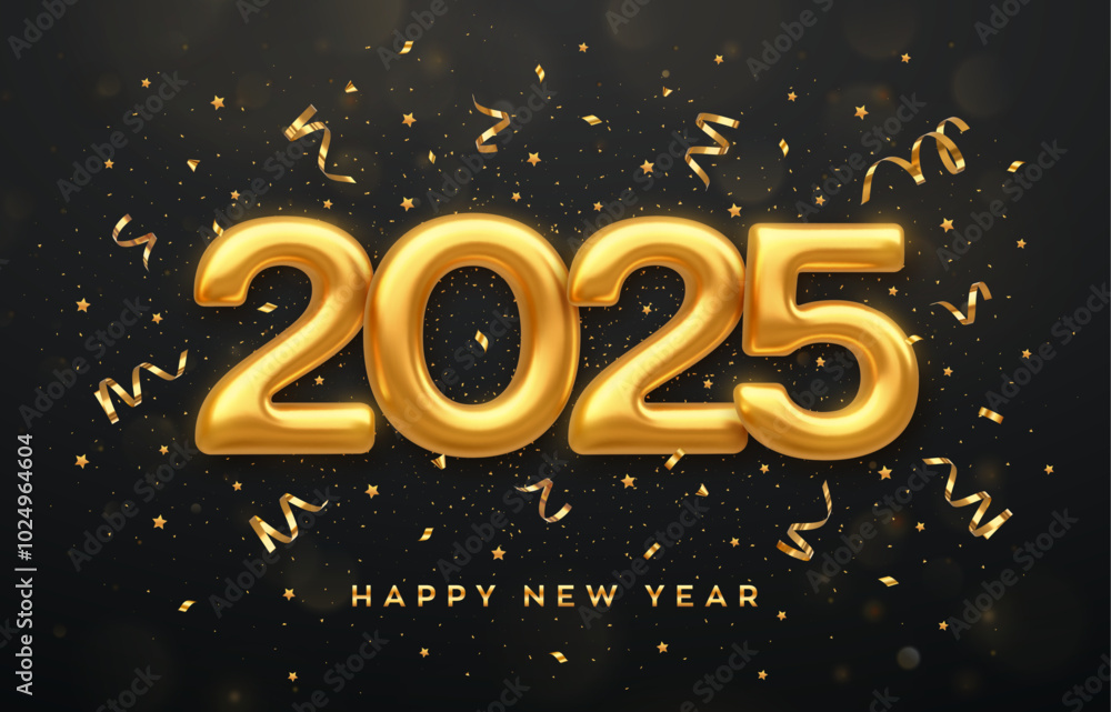 Happy New Year 2025. Golden 3D numbers 2025 on black background. Realistic festive metallic luxury gold numbers. Merry Christmas and Happy New Year greeting card. Vector illustration. Happy New Year 2025. Golden 3D numbers 2025 on black background. Realistic festive metallic luxury gold numbers. Merry Christmas and Happy New Year greeting card. Vector illustration.