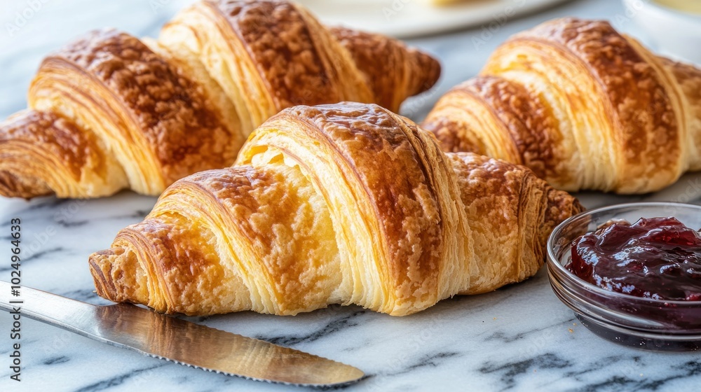 Freshly baked croissants served with a side of jam on a marble surface. Freshly baked croissants served with a side of jam on a marble surface.