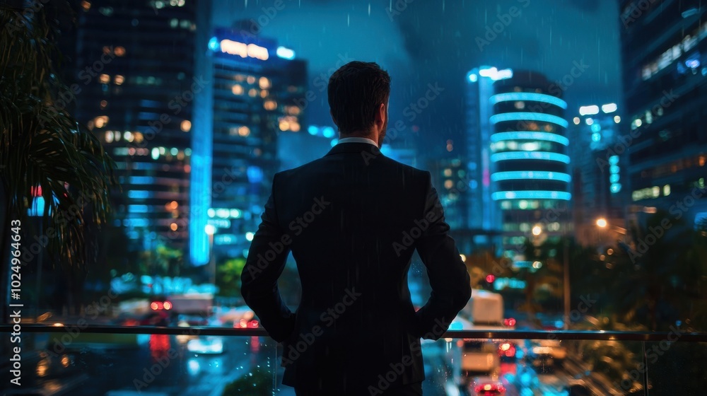Businessman in Rainy Night Cityscape Businessman in Rainy Night Cityscape