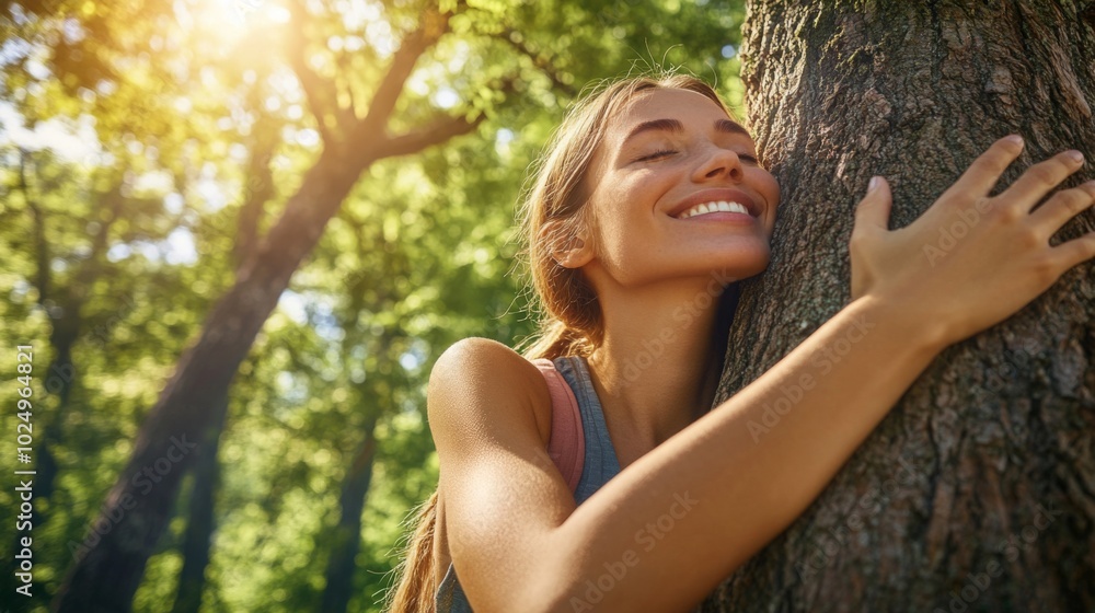 Banner of Woman hugging a big tree in a park. Womens hands hugging a big tree in a forest. Meditation. Human and nature contact. Tree Hugging Banner of Woman hugging a big tree in a park. Womens hands hugging a big tree in a forest. Meditation. Human and nature contact. Tree Hugging