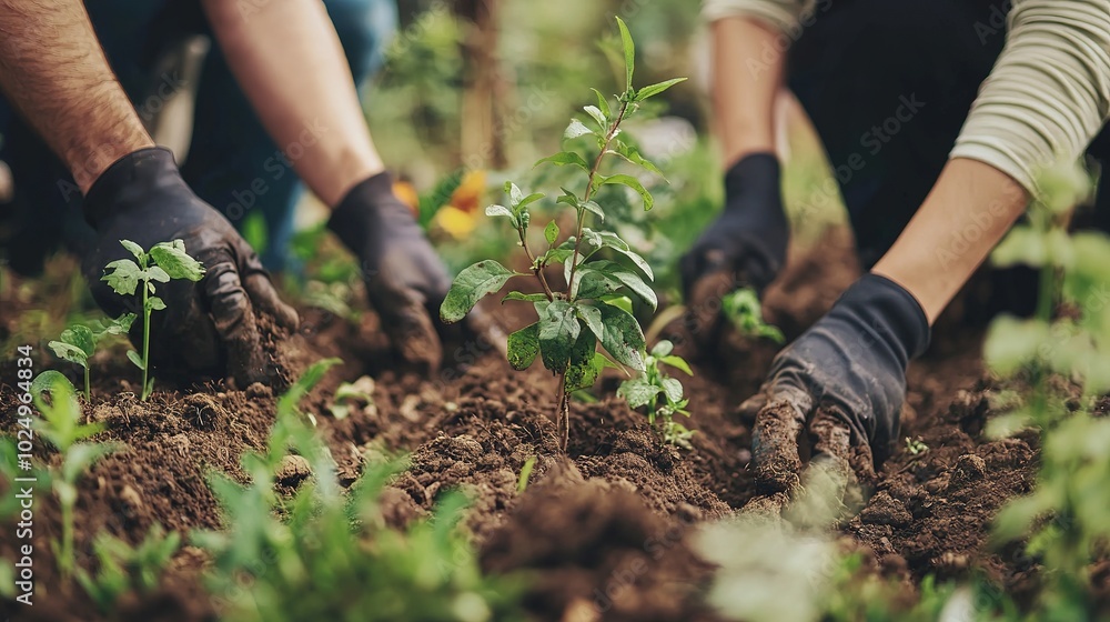 Fototapeta premium Hands planting seedlings in rich soil, showcasing teamwork and connection to nature in a garden setting.