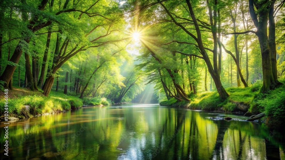 Fototapeta premium Sunlight filtering through green trees in forest by river