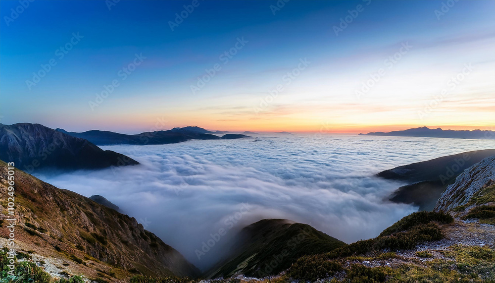 Ocean at Twilight with a view of cloud inversion and mountains Ocean at Twilight with a view of cloud inversion and mountains