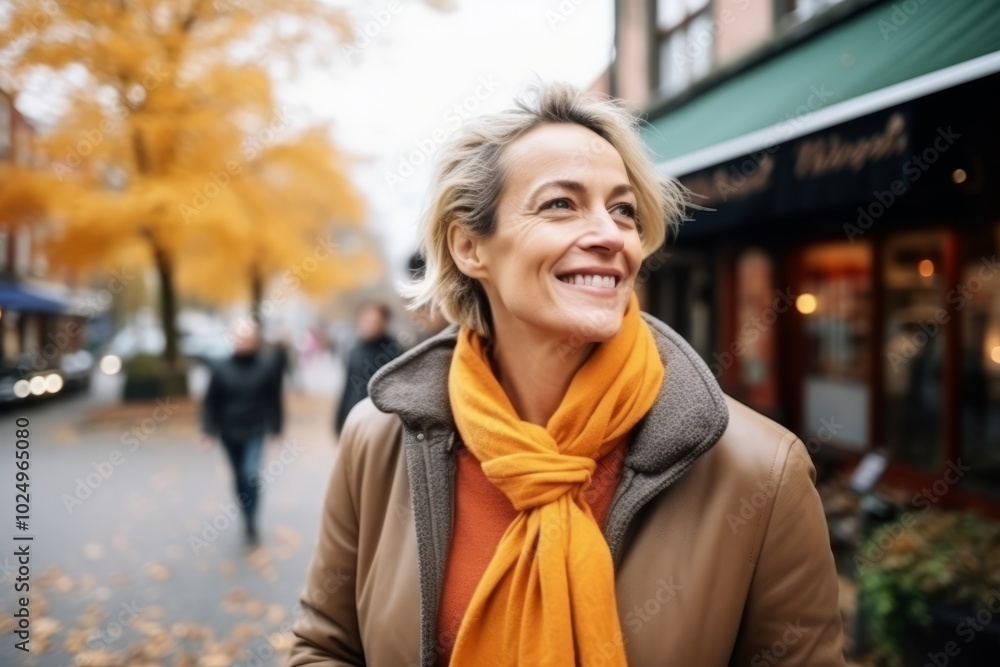 Portrait of happy mature woman in autumnal street, smiling. Portrait of happy mature woman in autumnal street, smiling.