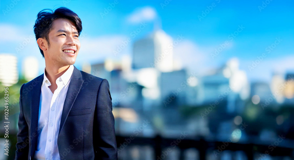 A side profile of an Asian businessman smiling under the dazzling lights of the city. A side profile of an Asian businessman smiling under the dazzling lights of the city.