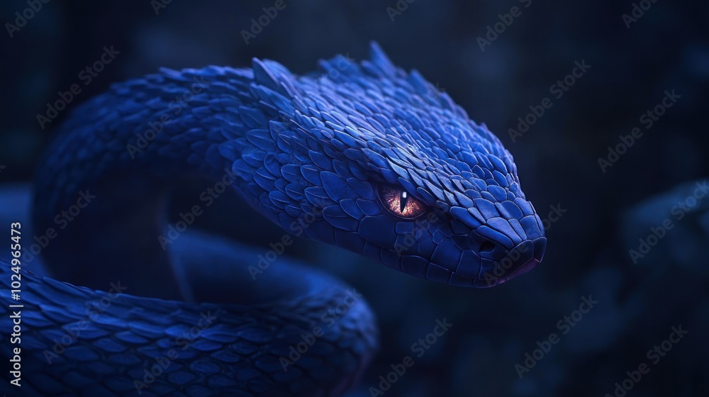 Fototapeta premium A detailed, stylized depiction of a blue serpent with a fierce expression in a dark setting.