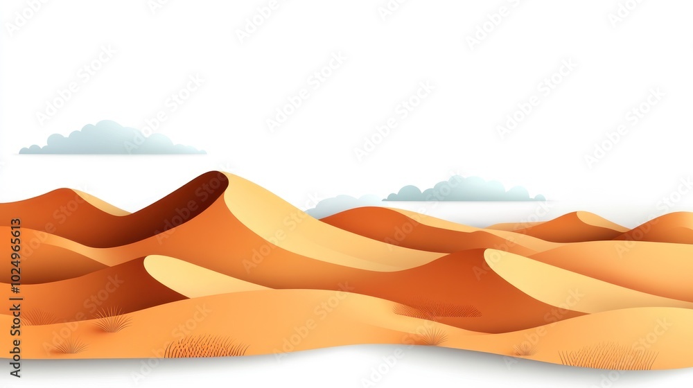 A stylized illustration of rolling sand dunes under a light sky with soft clouds. A stylized illustration of rolling sand dunes under a light sky with soft clouds.