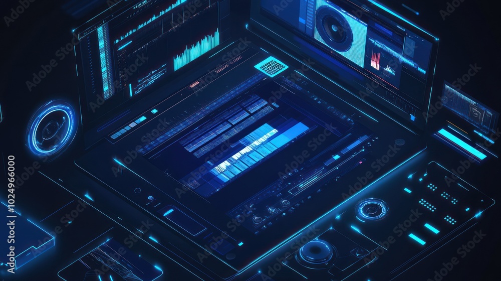 A futuristic digital interface displaying data analytics and audio editing tools. A futuristic digital interface displaying data analytics and audio editing tools.