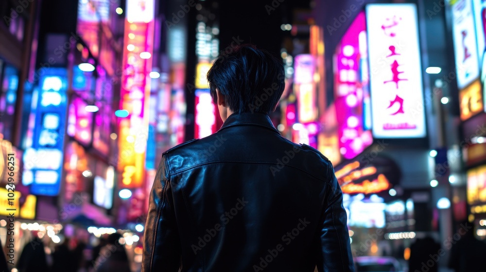 A person stands facing vibrant neon lights in a bustling urban street at night. A person stands facing vibrant neon lights in a bustling urban street at night.