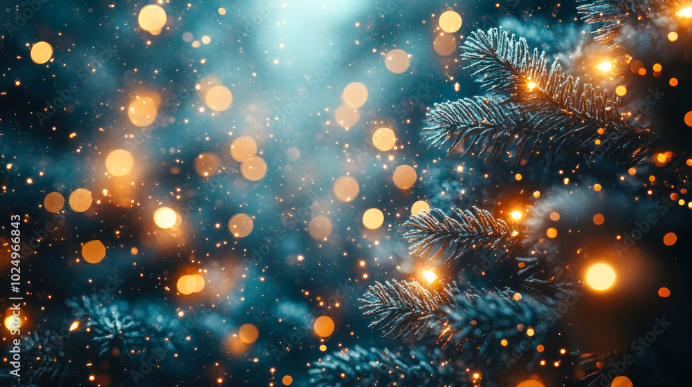 Pine branches adorned with twinkling golden bokeh lights against a magical dark background Pine branches adorned with twinkling golden bokeh lights against a magical dark background