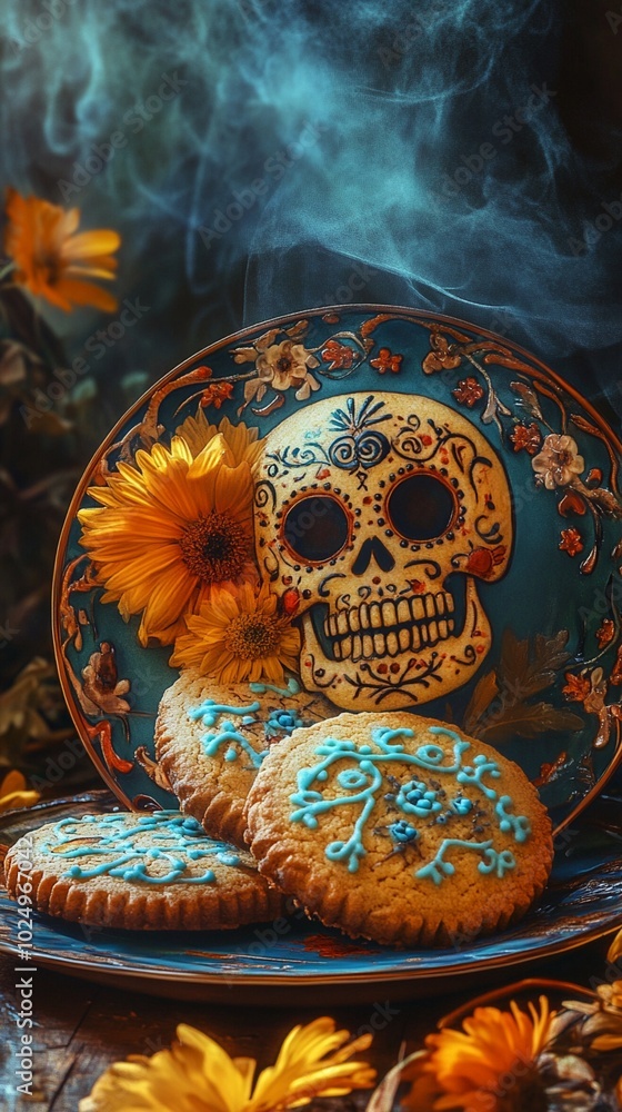 Vibrant Day of the Dead altar with ornate sugar skull, marigolds, and decorated cookies amid swirling smoke, capturing Mexican cultural traditions. Vibrant Day of the Dead altar with ornate sugar skull, marigolds, and decorated cookies amid swirling smoke, capturing Mexican cultural traditions.
