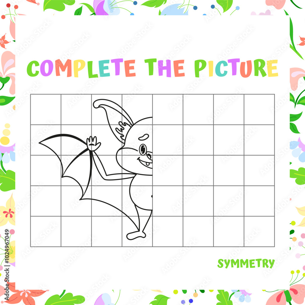Obraz premium Symmetry Drawing Activity - Complete the Bat Picture. Vector Illustration