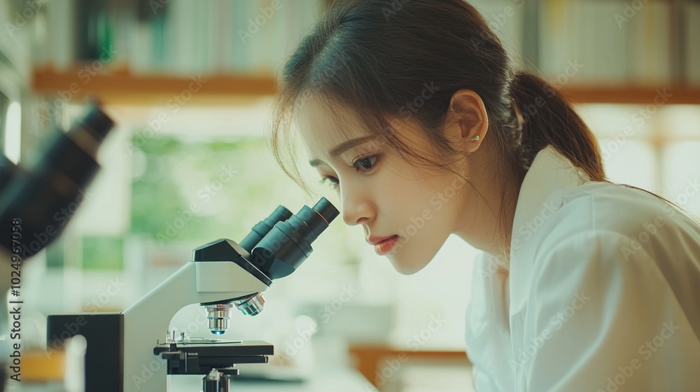 Focused young scientist peering intently through microscope in bright laboratory, conducting research with precision and dedication to uncover microscopic mysteries. Focused young scientist peering intently through microscope in bright laboratory, conducting research with precision and dedication to uncover microscopic mysteries.