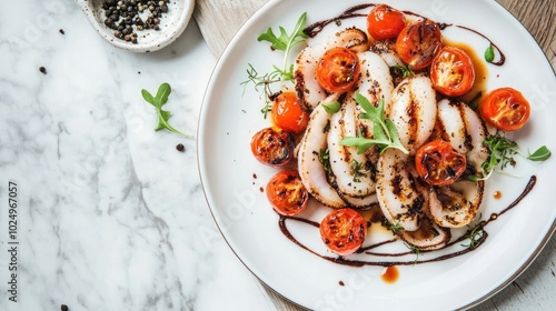 A plate of grilled chicken slices with roasted cherry tomatoes and herbs.