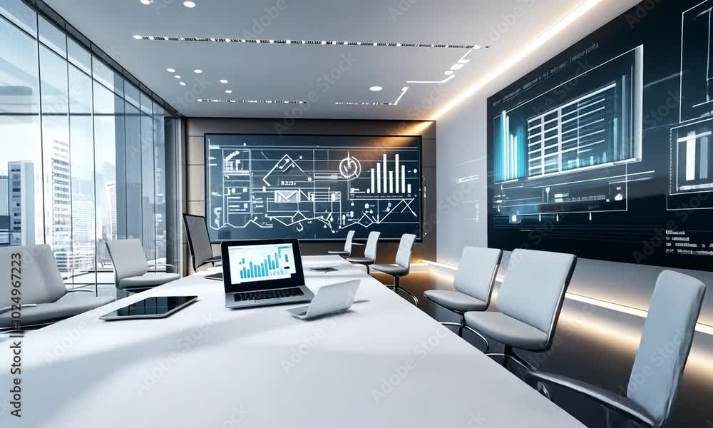 Modern Office Meeting Room with City View and Futuristic Tech Display Modern Office Meeting Room with City View and Futuristic Tech Display