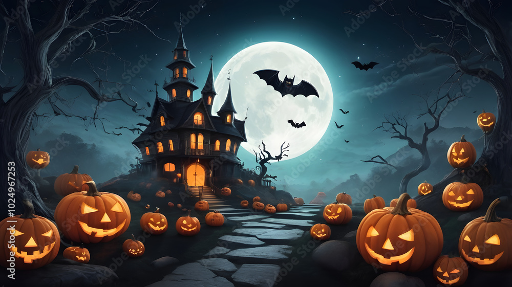 Fototapeta premium Spooky Halloween night scene with haunted house, moonlit castle, and bats flying over a hill